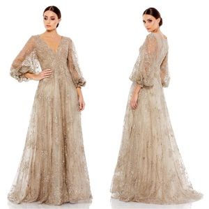 Mac Duggal 20283 Embellished Plunge Neck Puff Sleeve A-Line Gown Size 8 Mocha